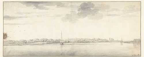Uitgestrekt riviergezicht met schepen op kalm water by Aelbert Cuyp, drawing, 1630-1691