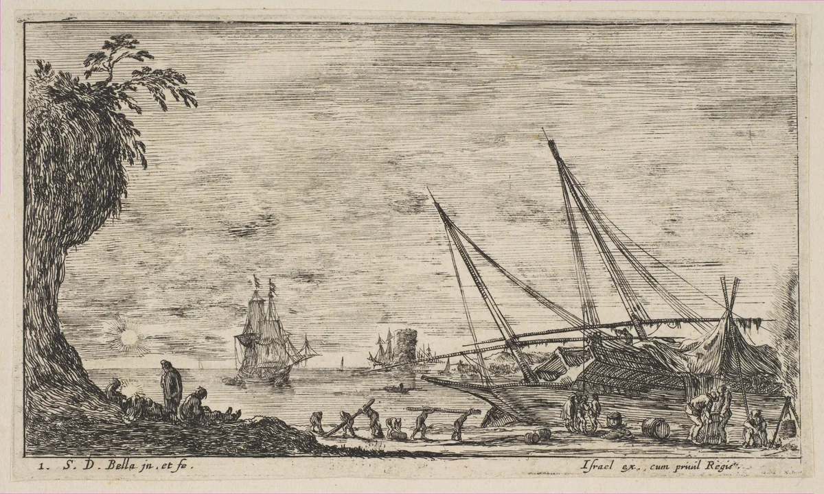 Plate 1: seaport with ships, from "Seascapes" (Paysages maritimes) by Stefano della Bella, print, 1639-1649