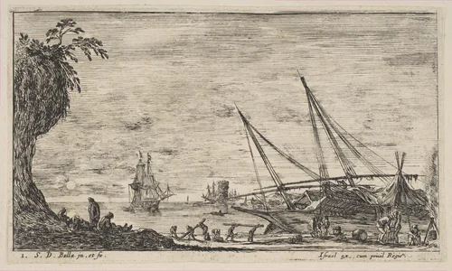 Plate 1: seaport with ships, from "Seascapes" (Paysages maritimes) by Stefano della Bella, print, 1639-1649