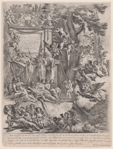 An allegory in honor of the arrival of Cardinal Franciotti as Bishop of Lucca by Pietro Testa, print, 1600-1650
