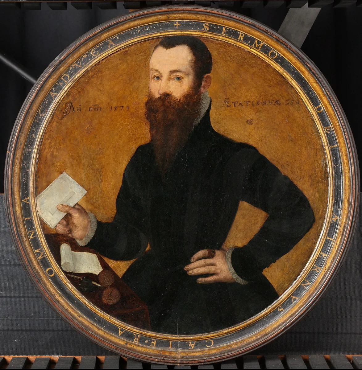 Portrait of Adam Wachendorff, with a Putto Blowing Bubbles by Cornelis Ketel, painting, 1574