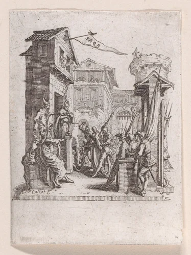 Jésus Comparait Devant Caiphe (Jesus Appears Before Caiaphas), from "La Petite Passion" (The Little Passion) by Jacques Callot, print, 1624-1625