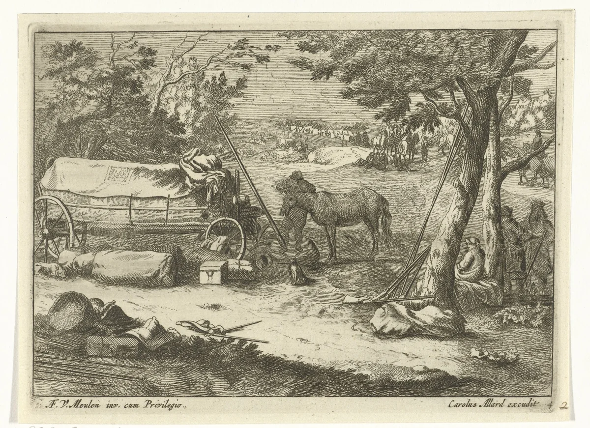 Landschap met kar en figuren by anonymous, print, 1673-1709