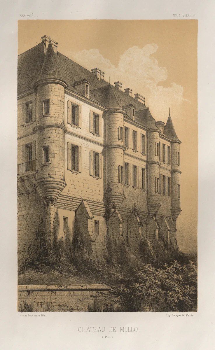 Architecture Pittoresque ou Monuments des xveme. Et xvieme. Siecles: Chateaux De France des XV et XVI Siecles: Pl. 35, Château De Mello (Oise) by Victor Petit, print, 1860