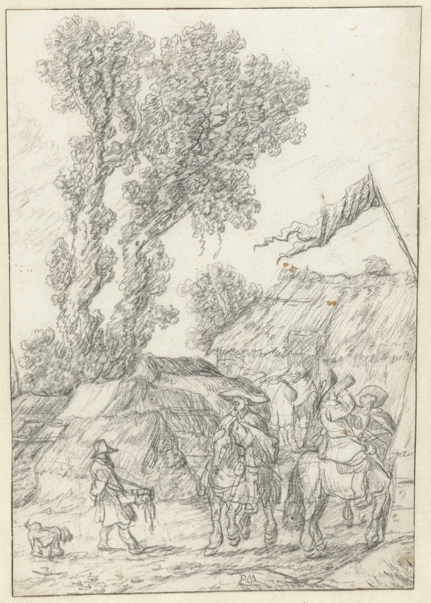 Bereden soldaten voor een herberg by Pieter de Molijn, drawing, 1650-1660