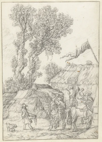 Bereden soldaten voor een herberg by Pieter de Molijn, drawing, 1650-1660