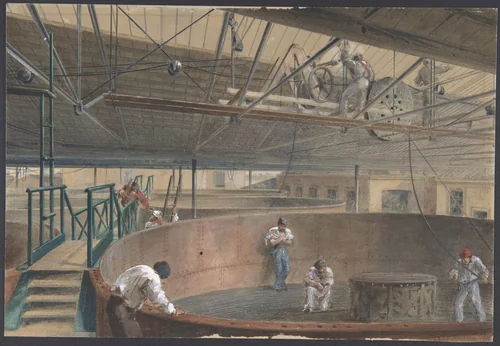 Coiling the Cable in the Large Tanks at the Works of the Telegraph Construction and Maintenance Company of Greenwich, 1865 by Robert Charles Dudley, drawing, 1865