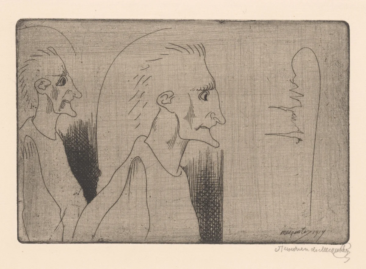 Twee figuren met uitgestoken kinnen by Samuel Jessurun de Mesquita, print, 1917
