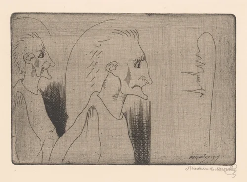 Twee figuren met uitgestoken kinnen by Samuel Jessurun de Mesquita, print, 1917