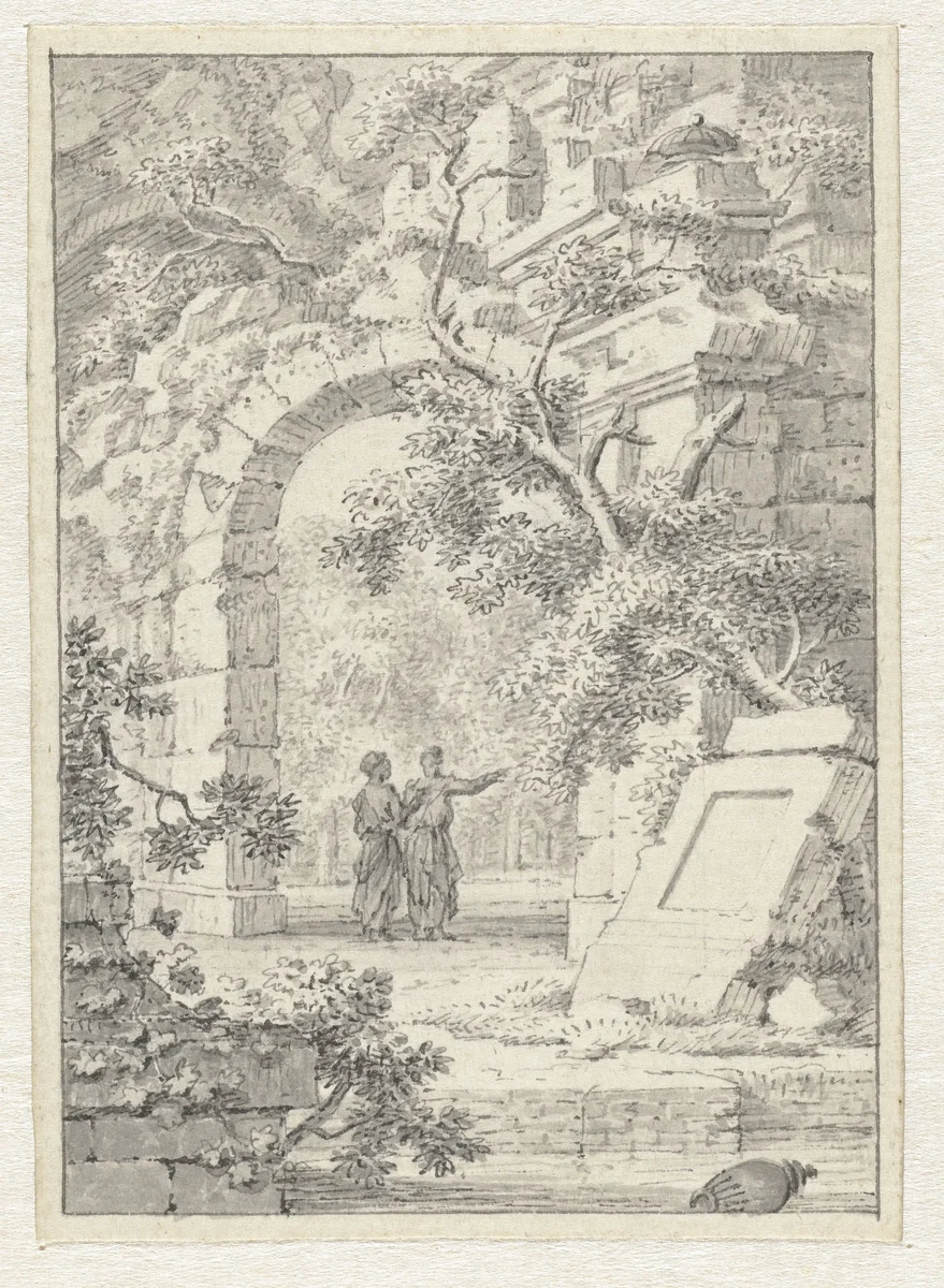 Twee wandelaars bij een poortruïne in een park by Joannes de Bosch, drawing, 1781