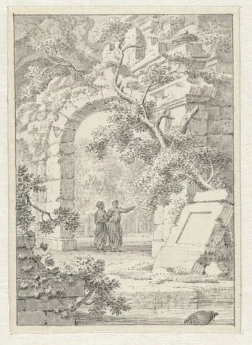 Twee wandelaars bij een poortruïne in een park by Joannes de Bosch, drawing, 1781
