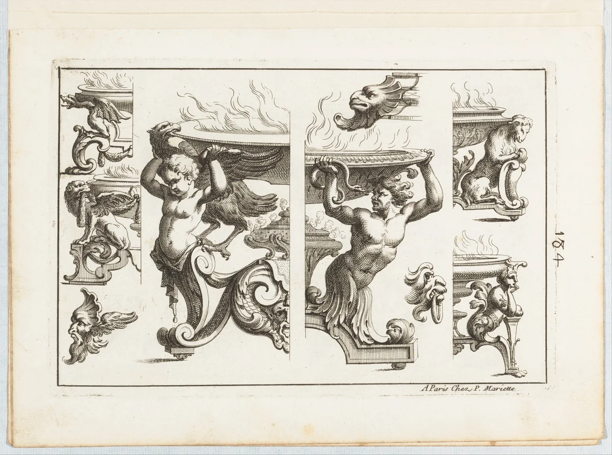 Plate 4, from "Desseins de Brasiers dont les Ornements peuuent Seruir aux Cuuettes, Tables, et autres Ouurages d'Orfeurerie" by Alexis Loir, print, 1660-1713