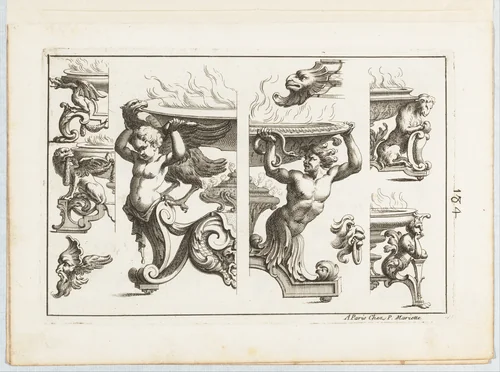 Plate 4, from "Desseins de Brasiers dont les Ornements peuuent Seruir aux Cuuettes, Tables, et autres Ouurages d'Orfeurerie" by Alexis Loir, print, 1660-1713