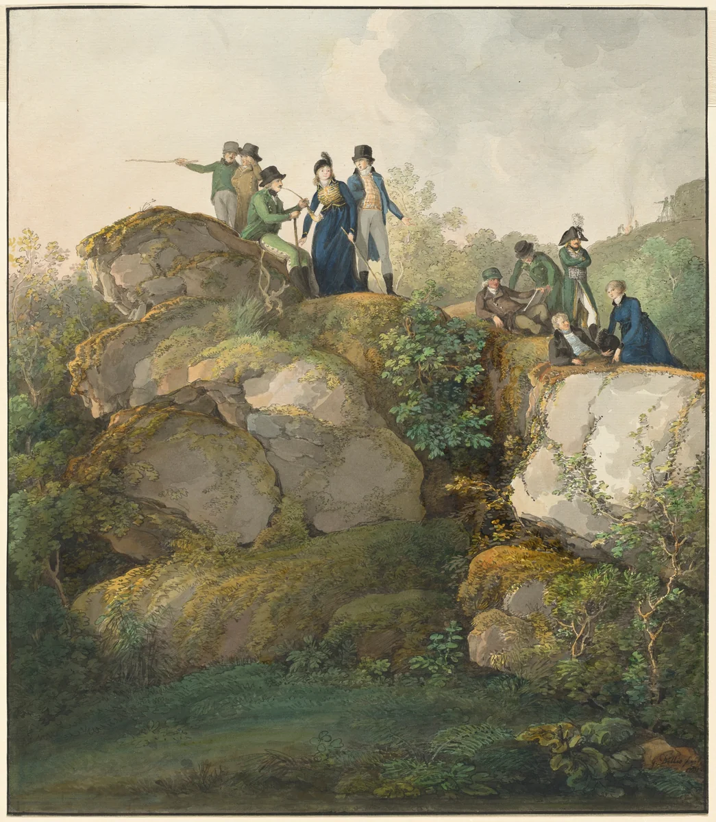 A Royal Party Admiring the Sunset atop the Hesselberg Mountain by Johann Georg von Dillis, drawing, 1790-1800