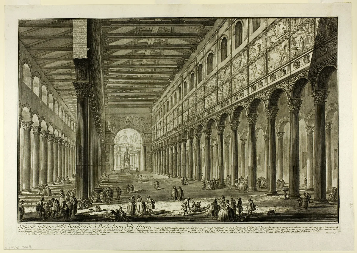 Cut-away view of the interior of the Basilica of S. Paolo fuori delle Mura [St. Paul outside the Walls], from Views of Rome by Giovanni Battista Piranesi, print, 1749