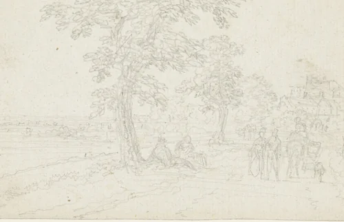 Wandelaars en een rustend paar op een landweg by Georges Michel, drawing, 1773-1843