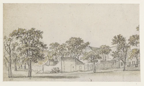 Groep huizen tussen bomen by Georges Michel, drawing, 1773-1843