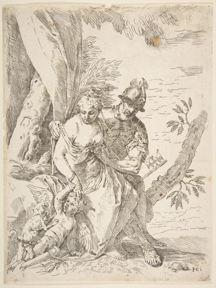 Mars, Venus, and Cupid by Simone Cantarini, print, 1632-1642