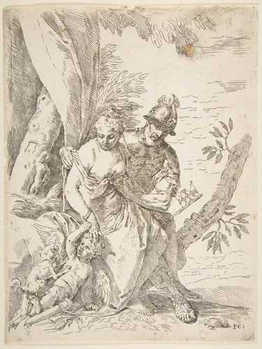 Mars, Venus, and Cupid by Simone Cantarini, print, 1632-1642