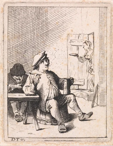 Zittende boer met kruik en pijp by anonymous, print, 1626-1740