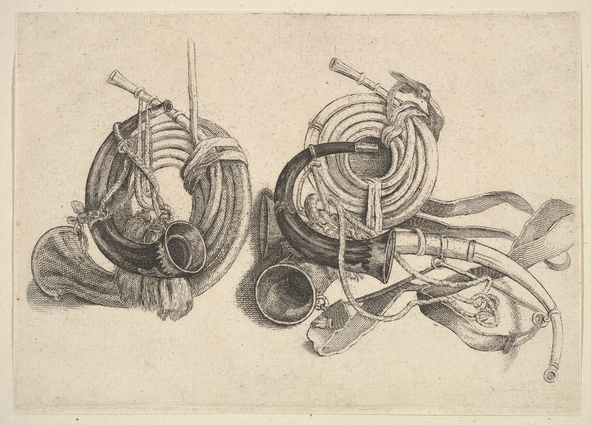 Five hunting horns by Wenceslaus Hollar, print, 1647