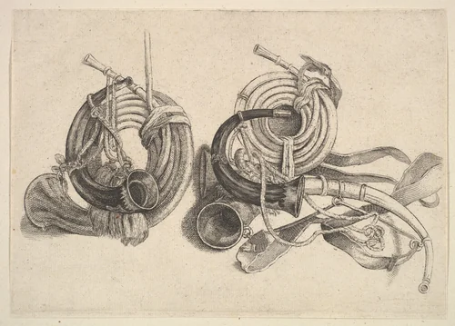 Five hunting horns by Wenceslaus Hollar, print, 1647