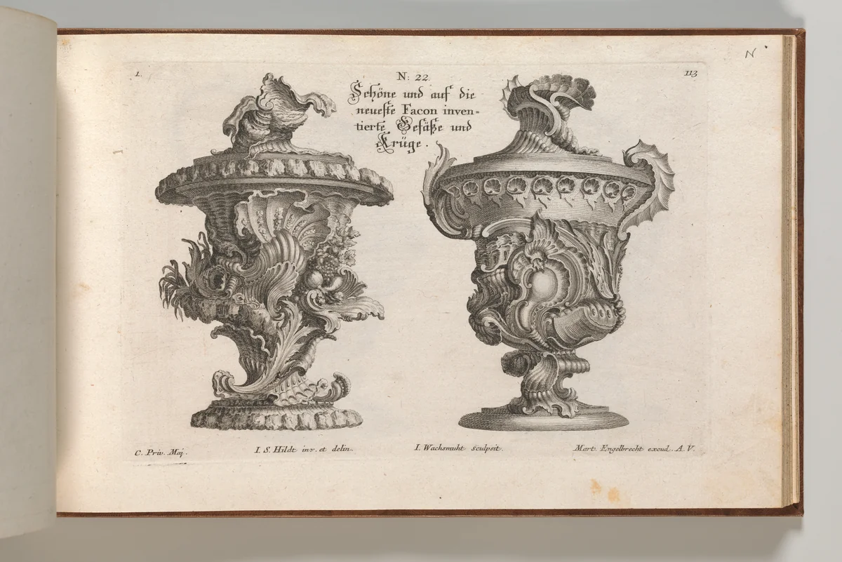 Designs for Two Lidded Vases, Plate 1 from: 'Schöne und auf die neueste Facon inventierte Gefäße und Krüge' by Jeremias Wachsmuth, book, 1745-1755