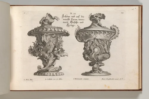 Designs for Two Lidded Vases, Plate 1 from: 'Schöne und auf die neueste Facon inventierte Gefäße und Krüge' by Jeremias Wachsmuth, book, 1745-1755