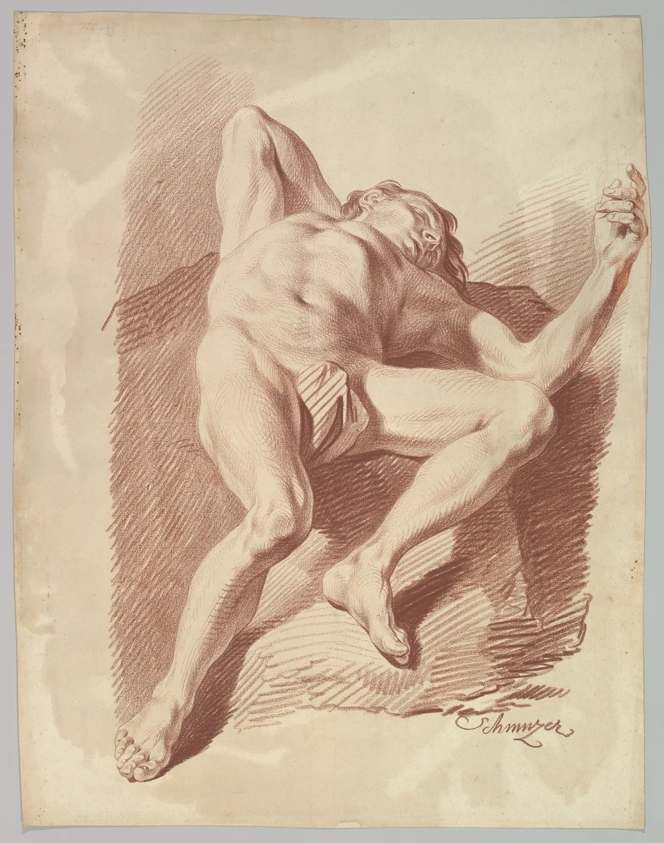 Reclining Male Nude by Jakob Matthias Schmutzer, drawing, 1765-1810