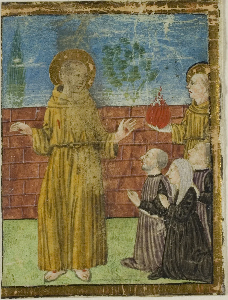 St. Francis of Assisi with Donors in a Historiated Initial from an Unidentified Manuscript by Italian, painting, 1395-1405