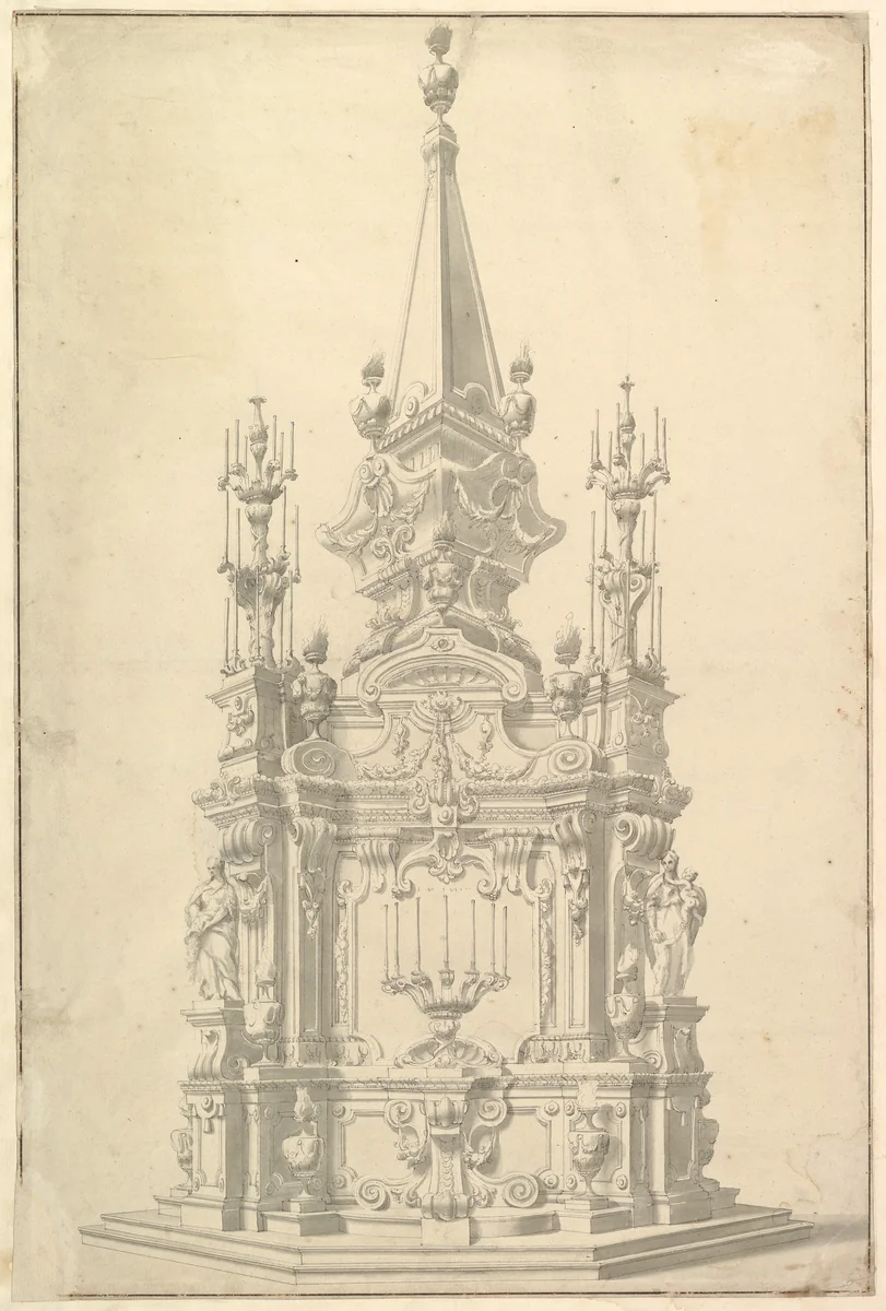 Elevation for a Catafalque Surmounted by an Obelisk by Giuseppe Galli Bibiena, drawing, 1696-1756