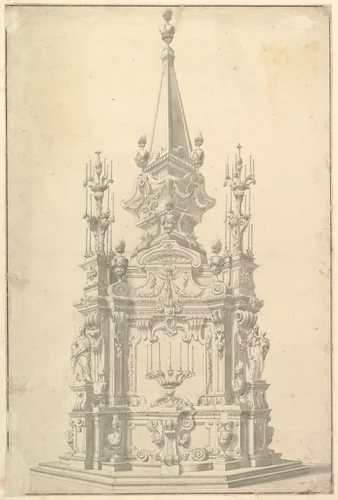 Elevation for a Catafalque Surmounted by an Obelisk by Giuseppe Galli Bibiena, drawing, 1696-1756