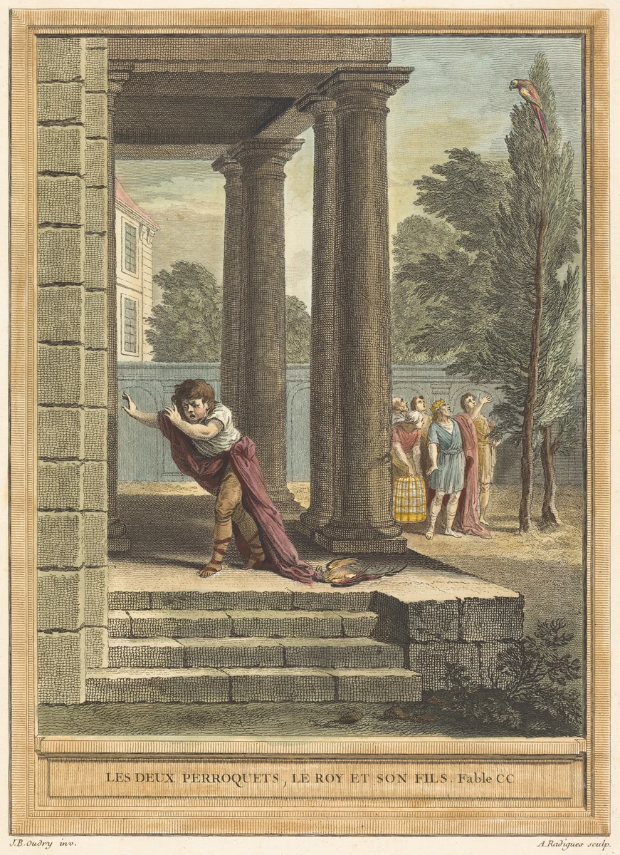 Les deux perroquets, le roi et son fils (Two Parrots, the King, and His Son) by Antoine Radigues; Jean-Baptiste Oudry, print, 1759