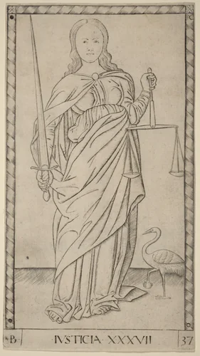 Justicia (Justice) by Master of the E-Series Tarocchi, print, 1465
