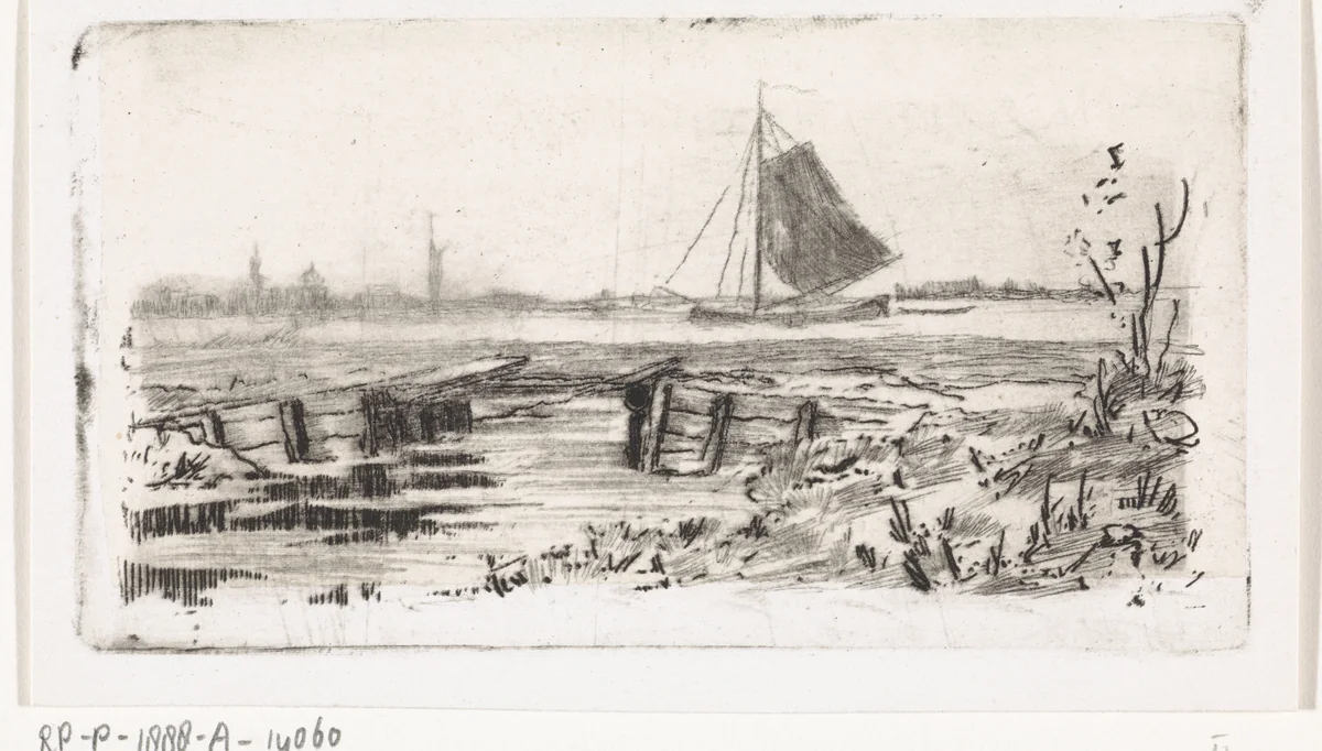 Zeilschip op een rivier by Elias Stark, print, 1859-1888