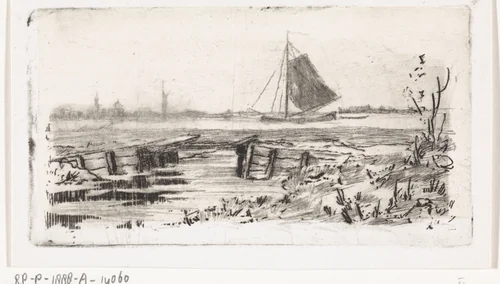 Zeilschip op een rivier by Elias Stark, print, 1859-1888