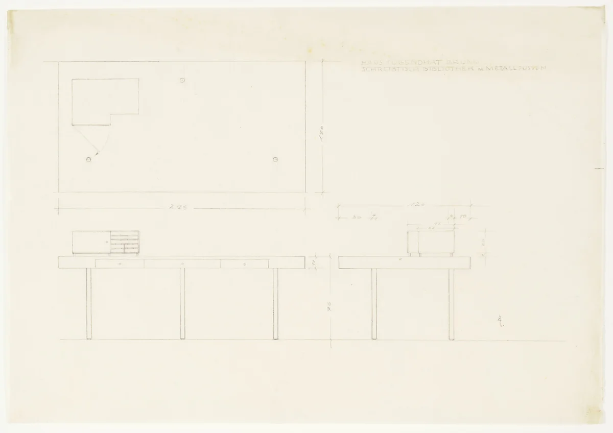 Tugendhat House, Brno, Czech Republic, Library desk. Plan, two elevations. by Ludwig Mies van der Rohe, mies van der rohe archive, 1928