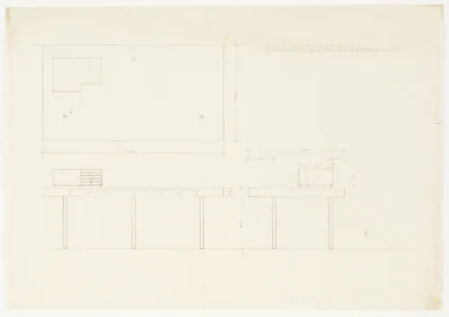 Tugendhat House, Brno, Czech Republic, Library desk. Plan, two elevations. by Ludwig Mies van der Rohe, mies van der rohe archive, 1928