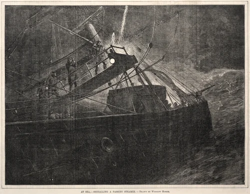 At Sea, Signalling a Passing Steamer by Winslow Homer, print, 1871