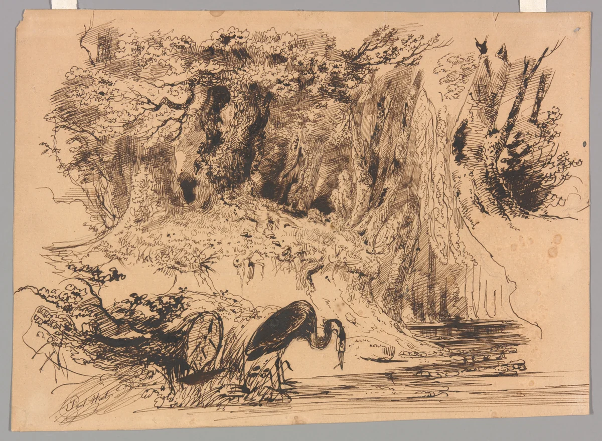 Forest Pool with Heron by Paul Huet, drawing, 1830
