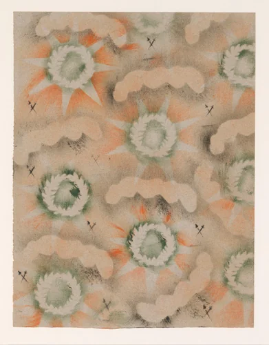 Gesjabloneerd papier met patroon van stralende lauwerkransen, wolken en gekruiste degens by anonymous, other, 1900-1969