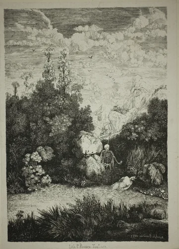 Bathing Woman and Death by Rodolphe Bresdin, print, 1857