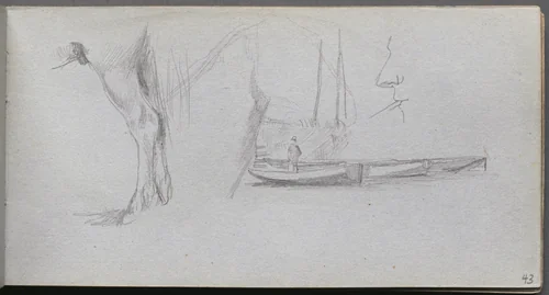 Sketchbook, page 43: Studies: Horse's leg, Figure in a Boat, and Profile by Ernest Meissonier, book, 1860-1869
