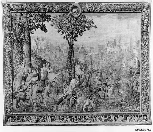 The Arrival at the Hunting Lodge, or April from a set of the Hunts of Maximilian by Bernard van Orley, textile, 1526-1693