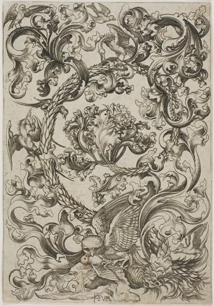 Ornament with Owl Mocked by Day Birds by Martin Schongauer, print, 1475-1485