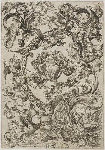 Ornament with Owl Mocked by Day Birds by Martin Schongauer, print, 1475-1485