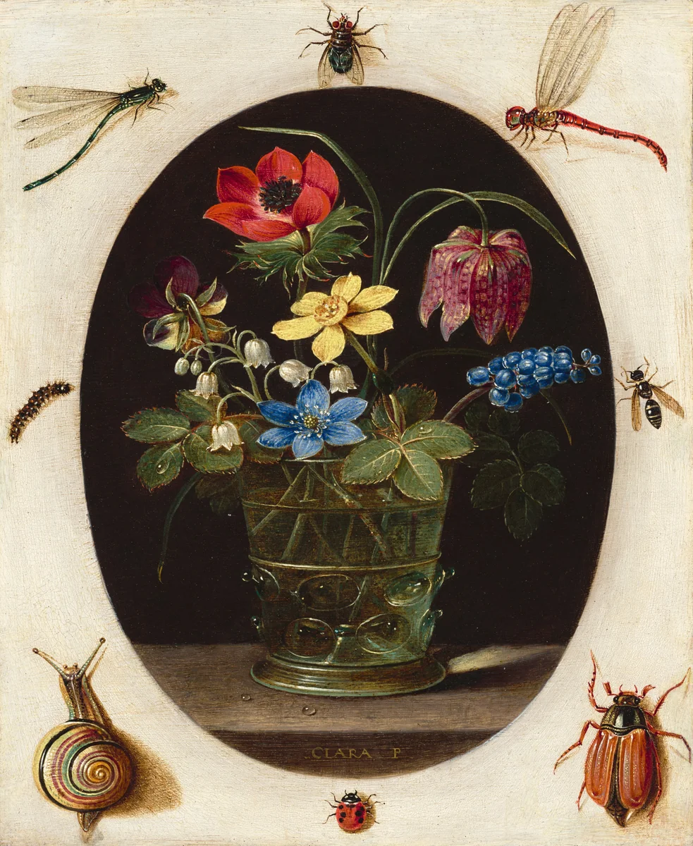 Still Life with Flowers Surrounded by Insects and a Snail by Clara Peeters, painting, 1610