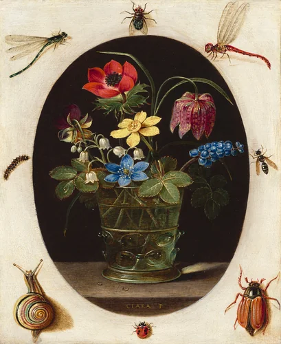 Still Life with Flowers Surrounded by Insects and a Snail by Clara Peeters, painting, 1610