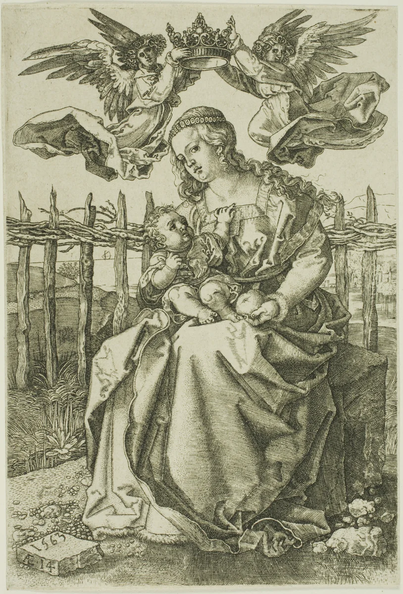 Madonna Crowned by Two Angels by Jan Wierix, print, 1563
