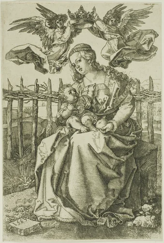 Madonna Crowned by Two Angels by Jan Wierix, print, 1563